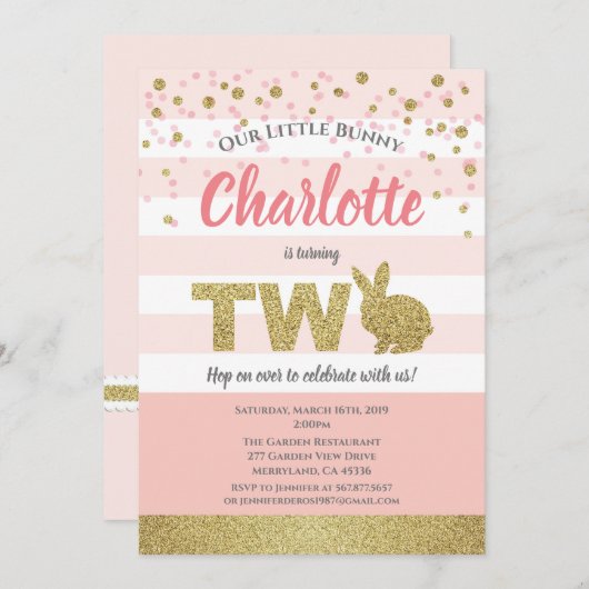 ピンクとゴールドのウサギちゃん 2歳の誕生日パーティー招待状 招待状 (正面/裏面)