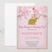 ピンクとゴールドのウサギの女の子の誕生日招待状 招待状 (正面/裏面)