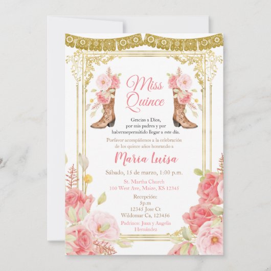 ピンクとゴールドのキンセアニエラ メキシコのミス・キンセア 招待状 (正面)