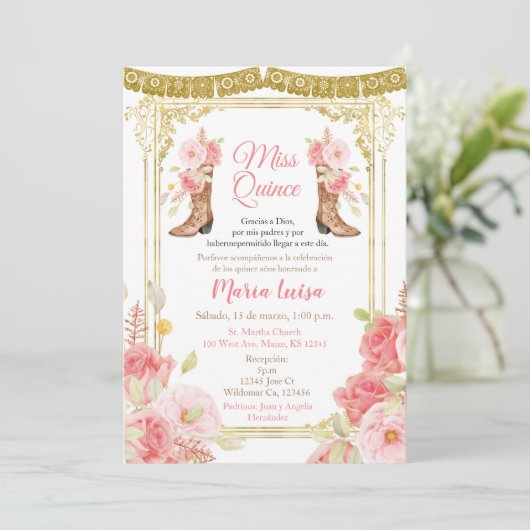 ピンクとゴールドのキンセアニエラ メキシコのミス・キンセア 招待状 (スタンド正面)