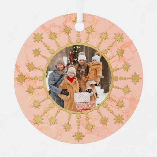ピンクとゴールドのクリスマススターフォト メタルオーナメント (正面)