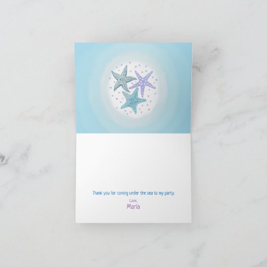 ピンクとゴールドのグリッターが海の下の人魚パーティー サンキューカード (内部)