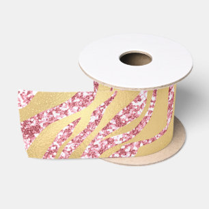 ピンクとゴールドのグリッターが輝くエレガントな虎の縞模様 サテンリボン