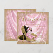 ピンクとゴールドのグリッターシューズパールベビーシャワー 招待状 (正面/裏面)