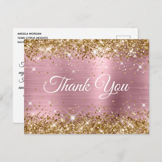 ピンクとゴールドのグリッター箔 40歳の誕生日お礼 ポストカード