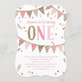 ピンクとゴールドのグリッター バナー 1歳の誕生日パーティー 招待状