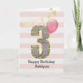 ピンクとゴールドのグリッター 3歳の誕生日ガール カード (正面)