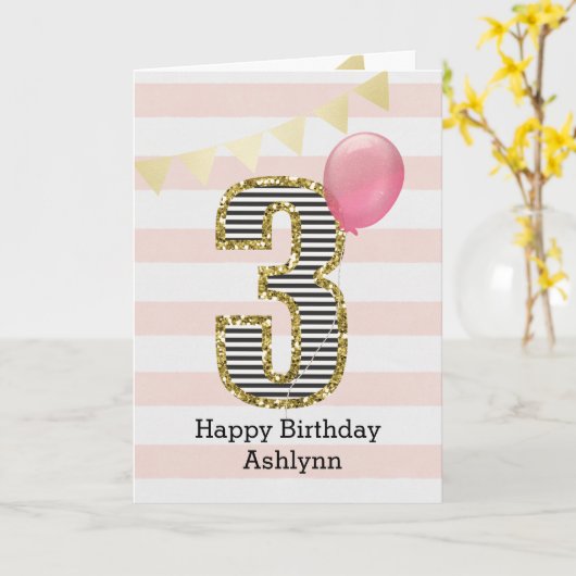 ピンクとゴールドのグリッター 3歳の誕生日ガール カード (黄色い花)