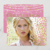 ピンクとゴールドのコンフェッティ卒業発表 招待状 (正面/裏面)