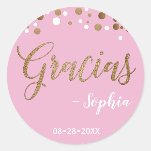 ピンクとゴールドのコンフェッティ 感謝します ありがとう 誕生日 ラウンドシール (正面)