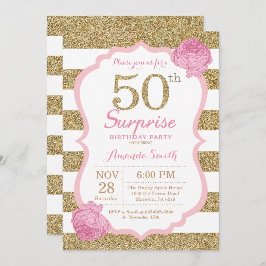 ピンクとゴールドのサプライズ50歳の誕生日招待状 招待状 (正面/裏面)