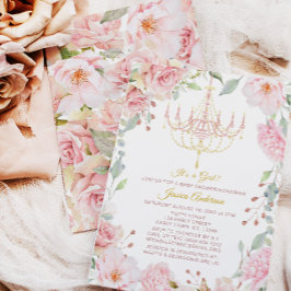 ピンクとゴールドのシャンデリア フローラル ローズ ベビーシャワー 招待状