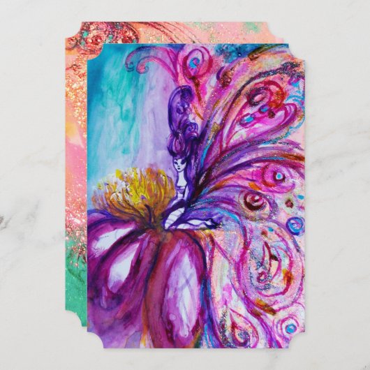 ピンクとゴールドのスパークルが可愛らしい花の妖精 招待状 (正面/裏面)