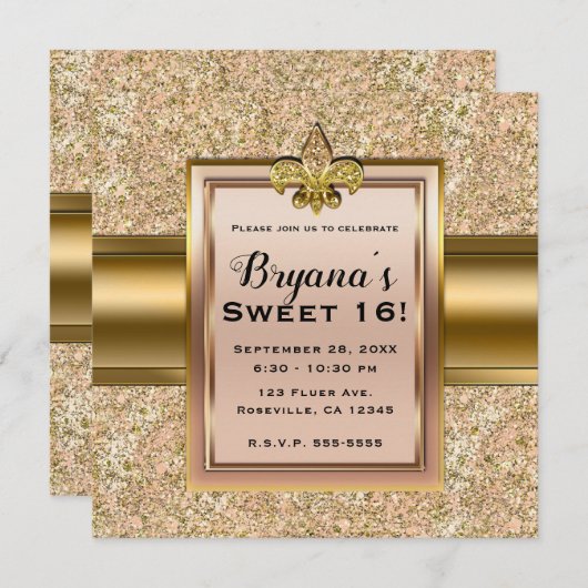 ピンクとゴールドのスパークルグリッター フルール・ド・リス パーティー 招待状 (正面/裏面)