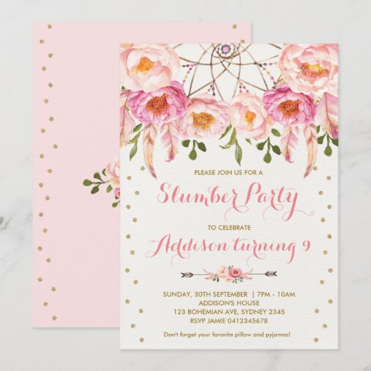 ピンクとゴールドのスリンバーティー ボーホー バースデー スリープオーバー 招待状 (正面/裏面)