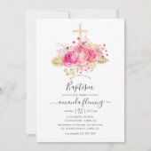 ピンクとゴールドのトロピカルフラワーの洗礼 招待状 (正面)