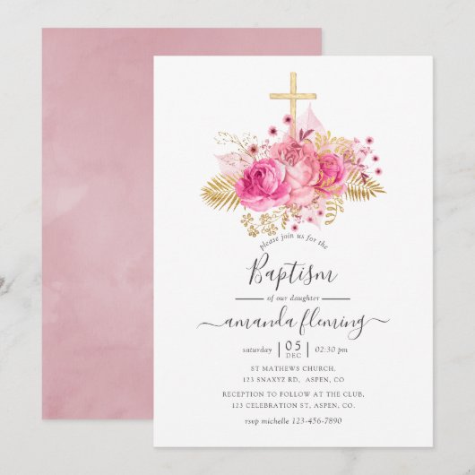 ピンクとゴールドのトロピカルフラワーの洗礼 招待状 (正面/裏面)