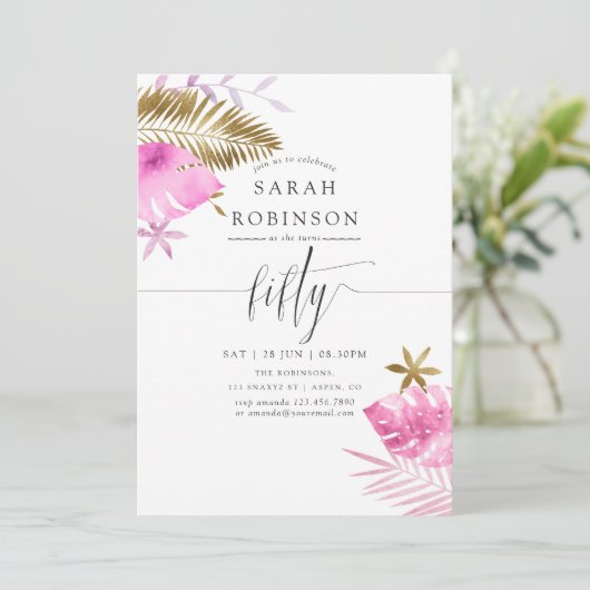 ピンクとゴールドのトロピカル 50歳誕生日パーティー招待状 招待状 (スタンド正面)