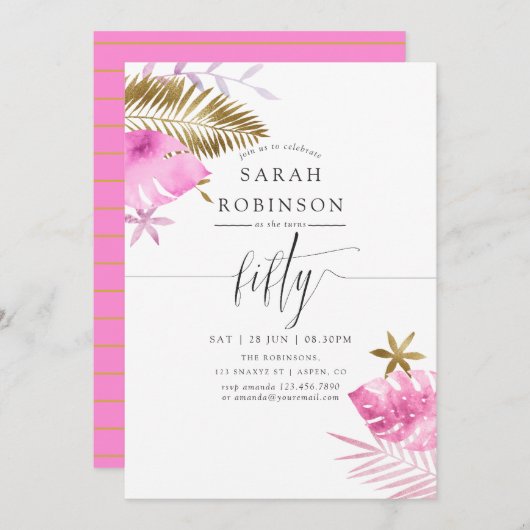 ピンクとゴールドのトロピカル 50歳誕生日パーティー招待状 招待状 (正面/裏面)