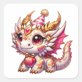 ピンクとゴールドのドラゴンのかわいい女子誕生日 スクエアシール