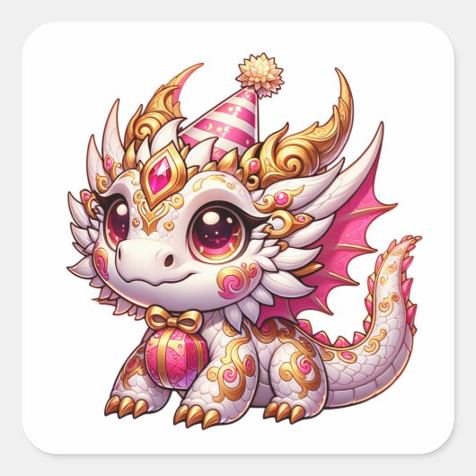 ピンクとゴールドのドラゴンのかわいい女子誕生日 スクエアシール (正面)