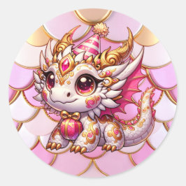 ピンクとゴールドのドラゴンのかわいい女子誕生日 ラウンドシール