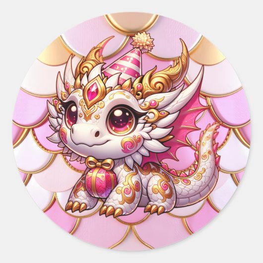 ピンクとゴールドのドラゴンのかわいい女子誕生日 ラウンドシール (正面)