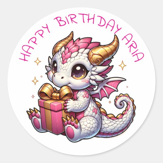 ピンクとゴールドのドラゴン 女の子の誕生日 ラウンドシール (正面)