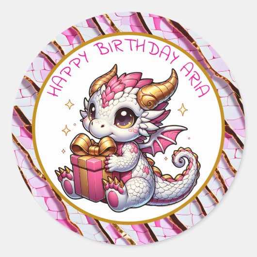 ピンクとゴールドのドラゴン 女の子の誕生日  ラウンドシール (正面)