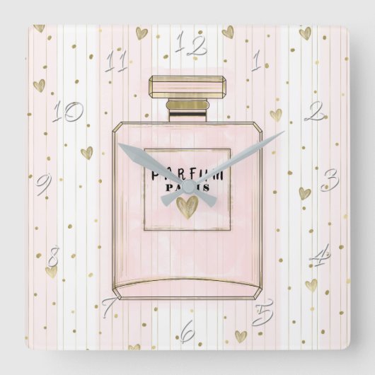 ピンクとゴールドのハートパリパフュームシックファッション スクエア壁時計 (正面)