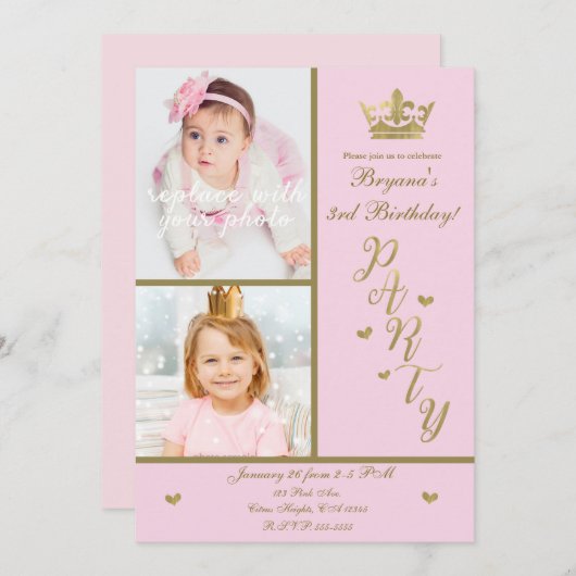 ピンクとゴールドのハートプリンセスクラウン2枚組写真パーティー 招待状 (正面/裏面)