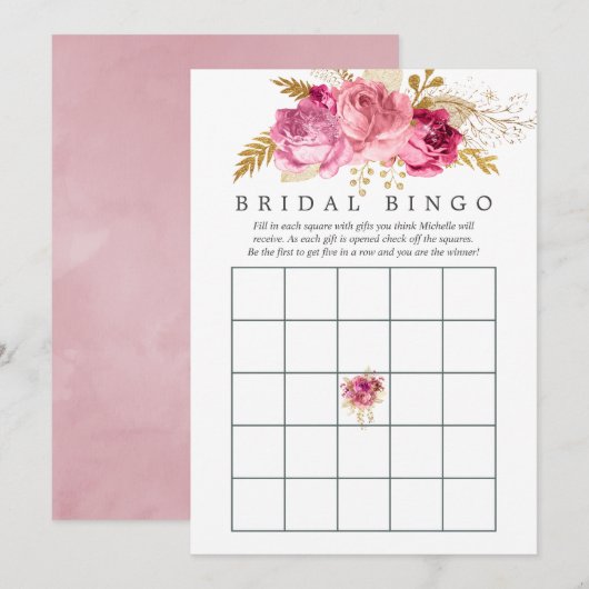 ピンクとゴールドのバラ 水彩画 ブライダルシャワー ビンゴ 招待状 (正面/裏面)