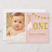 ピンクとゴールドのバレリーナ 1歳の誕生日 招待状 (正面)