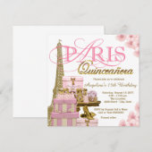 ピンクとゴールドのパリスのキンセアニエラ 招待状 (正面/裏面)