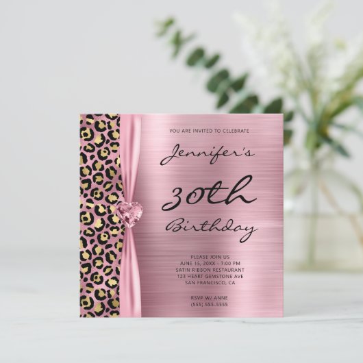 ピンクとゴールドのヒョウ柄 ホイル宝石 ハート 30歳の誕生日 招待状 (スタンド正面)