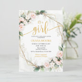 ピンクとゴールドのフラワーベビーシャワー 女の子 招待状 (スタンド正面)