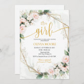 ピンクとゴールドのフラワーベビーシャワー 女の子 招待状 (正面/裏面)