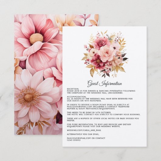 ピンクとゴールドのフラワーモチーフの結婚式ゲスト詳細 エンクロージャーカード (正面/裏面)