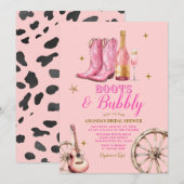 ピンクとゴールドのブーツとバブル ブライズシャワー 招待状 (正面/裏面)