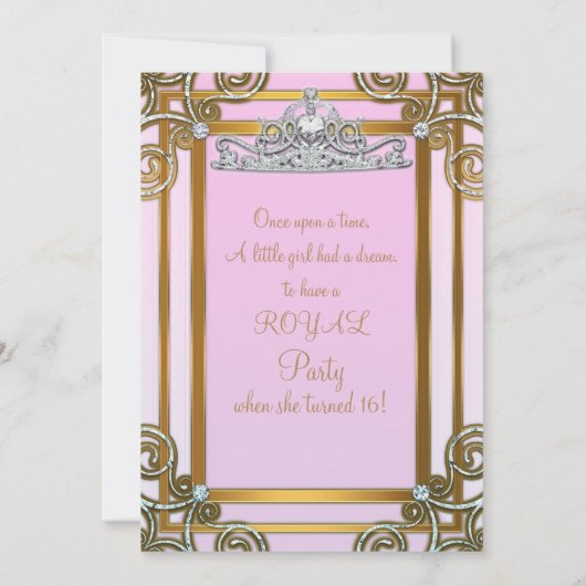 ピンクとゴールドのプリンセス クラウン ティアラ スウィート 16 パーティー 招待状 (裏面)