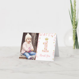 ピンクとゴールドのプリンセス 1歳の誕生日感謝カード サンキューカード