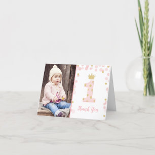 ピンクとゴールドのプリンセス 1歳の誕生日感謝カード サンキューカード