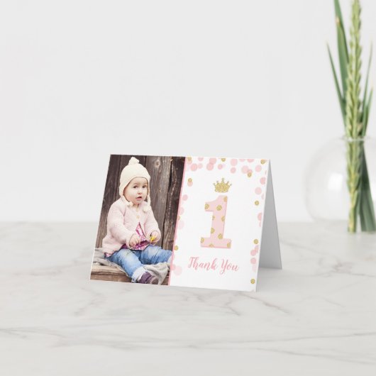 ピンクとゴールドのプリンセス 1歳の誕生日感謝カード サンキューカード (正面)