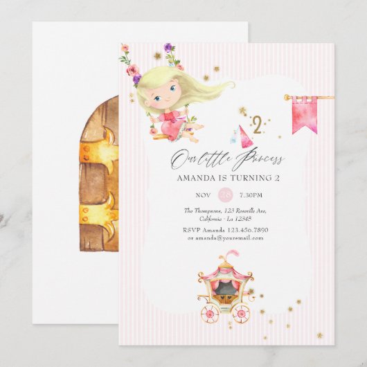 ピンクとゴールドのプリンセス 2歳の誕生日パーティー 招待状 (正面/裏面)