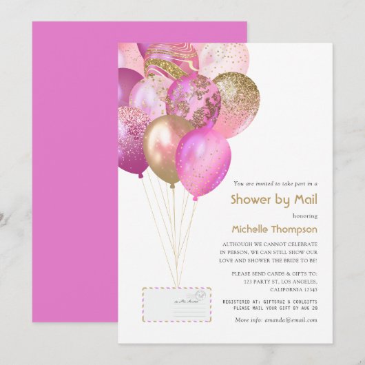 ピンクとゴールドのベイビーシャワーまたはブライズシャワー（郵送） 招待状 (正面/裏面)
