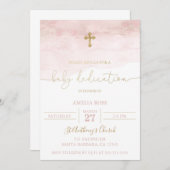 ピンクとゴールドのベイビー奉献式招待状 ベイビーガール 招待状 (正面/裏面)