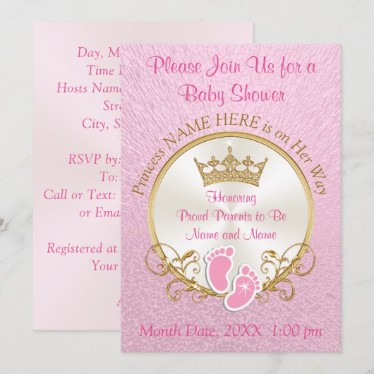 ピンクとゴールドのベビーシャワー招待状をカスタマイズする 招待状 (正面/裏面)