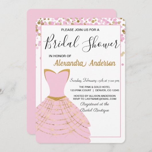 ピンクとゴールドのホイルのドレスのブライダルシャワー招待状 招待状 (正面/裏面)