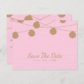 ピンクとゴールドのモダンなストリングライト セーブ・ザ・デート 案内ポストカード (正面/裏面)
