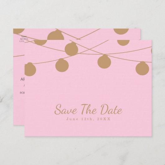 ピンクとゴールドのモダンなストリングライト セーブ・ザ・デート 案内ポストカード (正面/裏面)